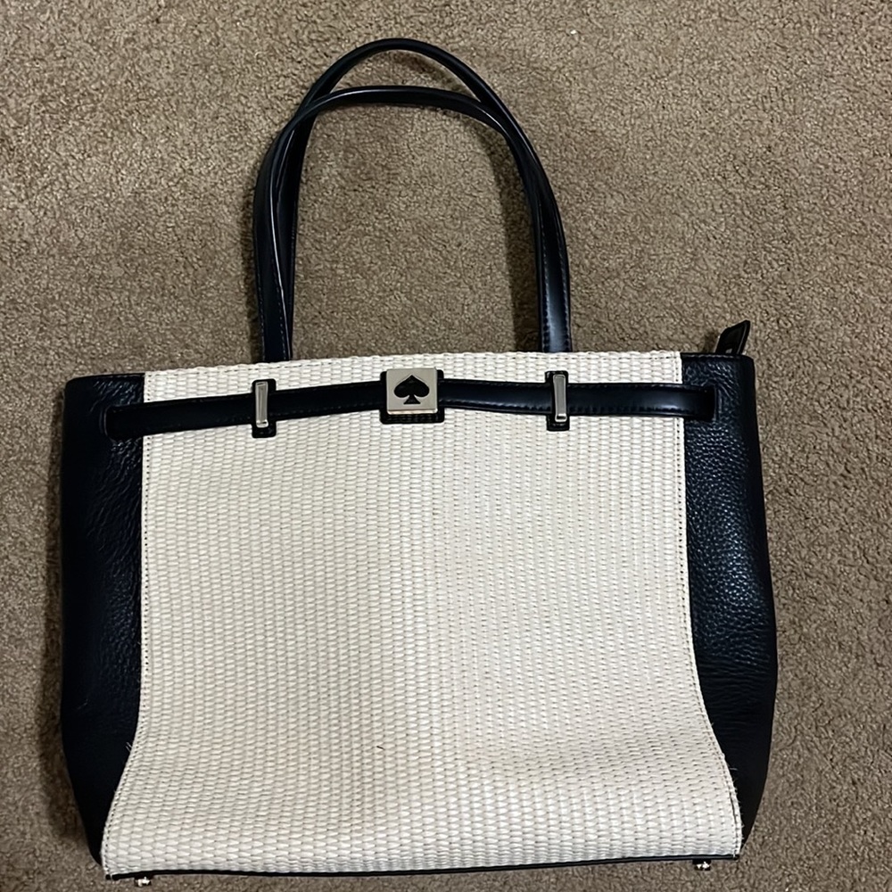 KATE SPADE Black Leather White Woven Patterned Silver Tone Hardware Tote Handbag